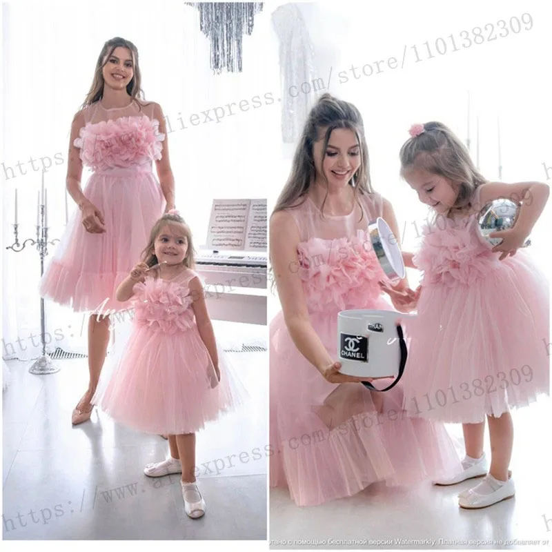 Conew Mommy and Me Dress Blush Pink Dress Photoshoot Mother Daughter Matching Dress for Birhthday Party Mum and Kids Outfit