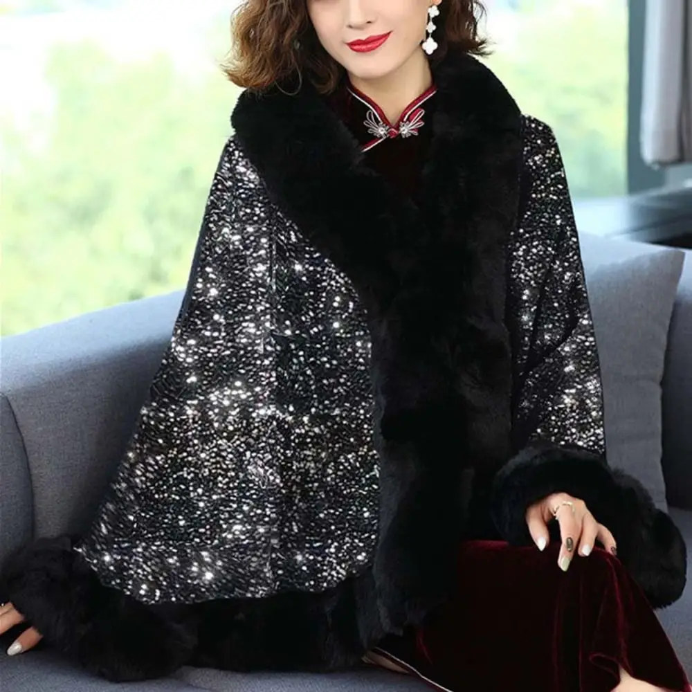 Women Fashion Autumn Winter Plush Shawl Ethnic Style Striped Fur Collar Sequined Shawl Artificial Wool Warm Thicken Cardigan