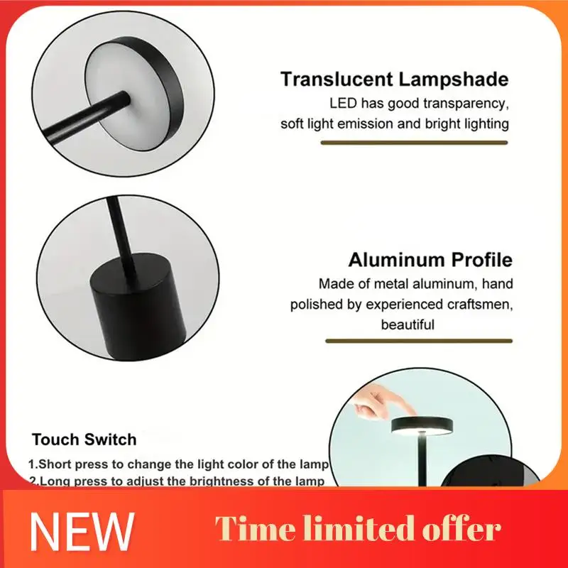 

ABRN-Type C Rechargeable LED Table Lamp Touch Switch Bedside Night Light Portable 3 Color Desk Lamp For Club Bar Room