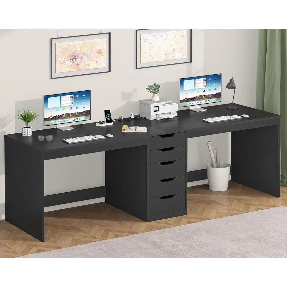 

78.7 Dual-Person Desk with 5 Drawers, Power Outlets, and Storage Cabinet in Black
