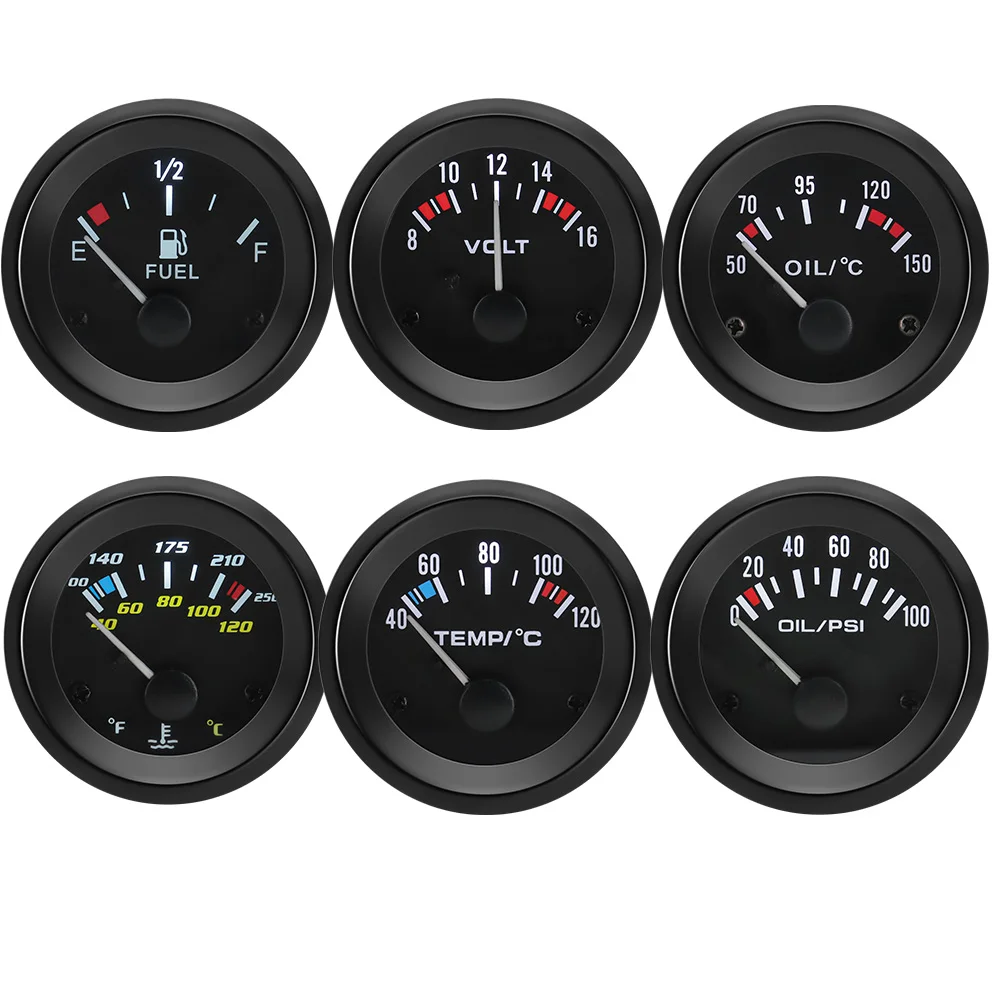 12V Car Gauge 52mm Water Temp Oil Temp Oil Pressure Gauge Fuel Level Meter Voltmeter With Black Shell For 12V Gasoline Car