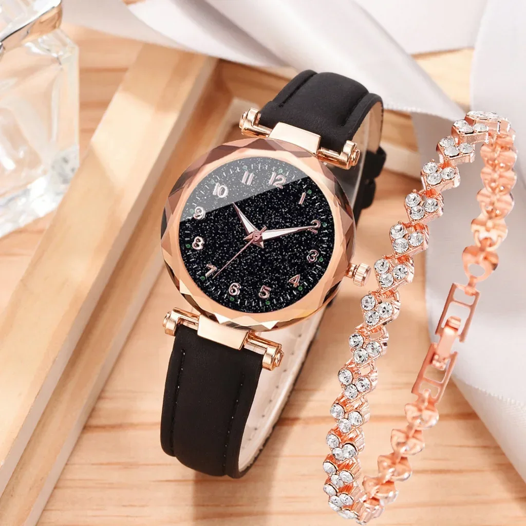 2PCS/Set Light luxury Korean version fashion trend women's casual simple belt jewelry watch bracelet set watch