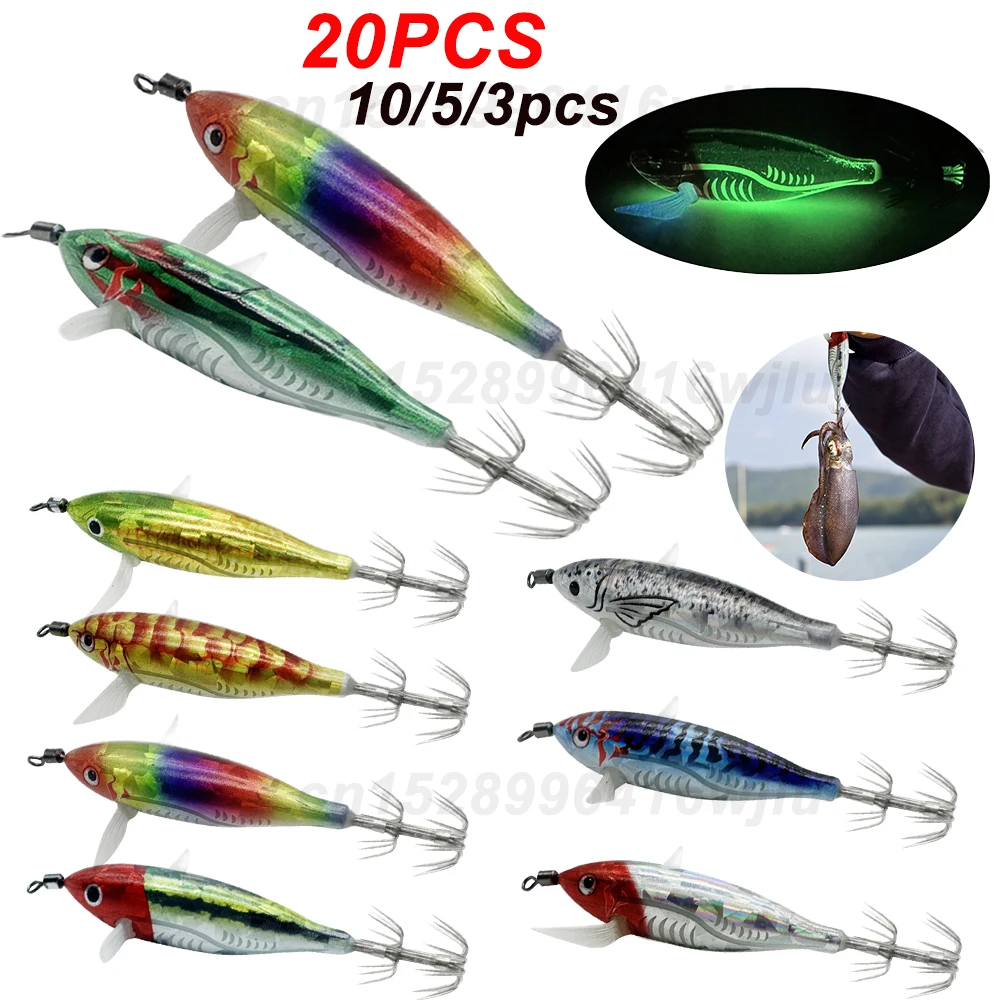 3-20PCS Horizontal wood Shrimp 5.5g Laser Luminous Floating Egi lure Squid Jigging Shrimp Octopus Cuttlefish Night Fishing Baits