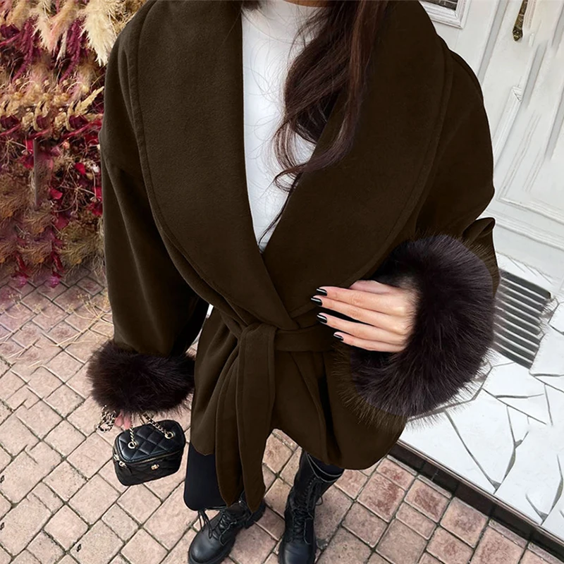 Trendix أنيقة فو الثعلب معطف الفرو للنساء الشتاء أزياء من الدانتل يصل مربوط التفاف سترة الخريف الدافئة الفاخرة ملابس خارجية غير رسمية 2025