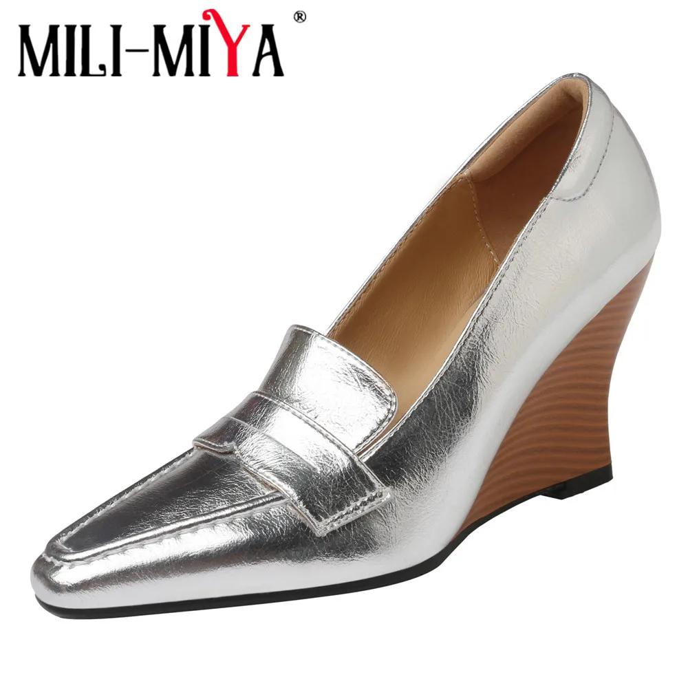 

MILI-MIYA Classic Super High Wedges Women Cow Leather Pumps Round Toe Slip On Solid Color Plus Size 34-40 Dress Party Shoes