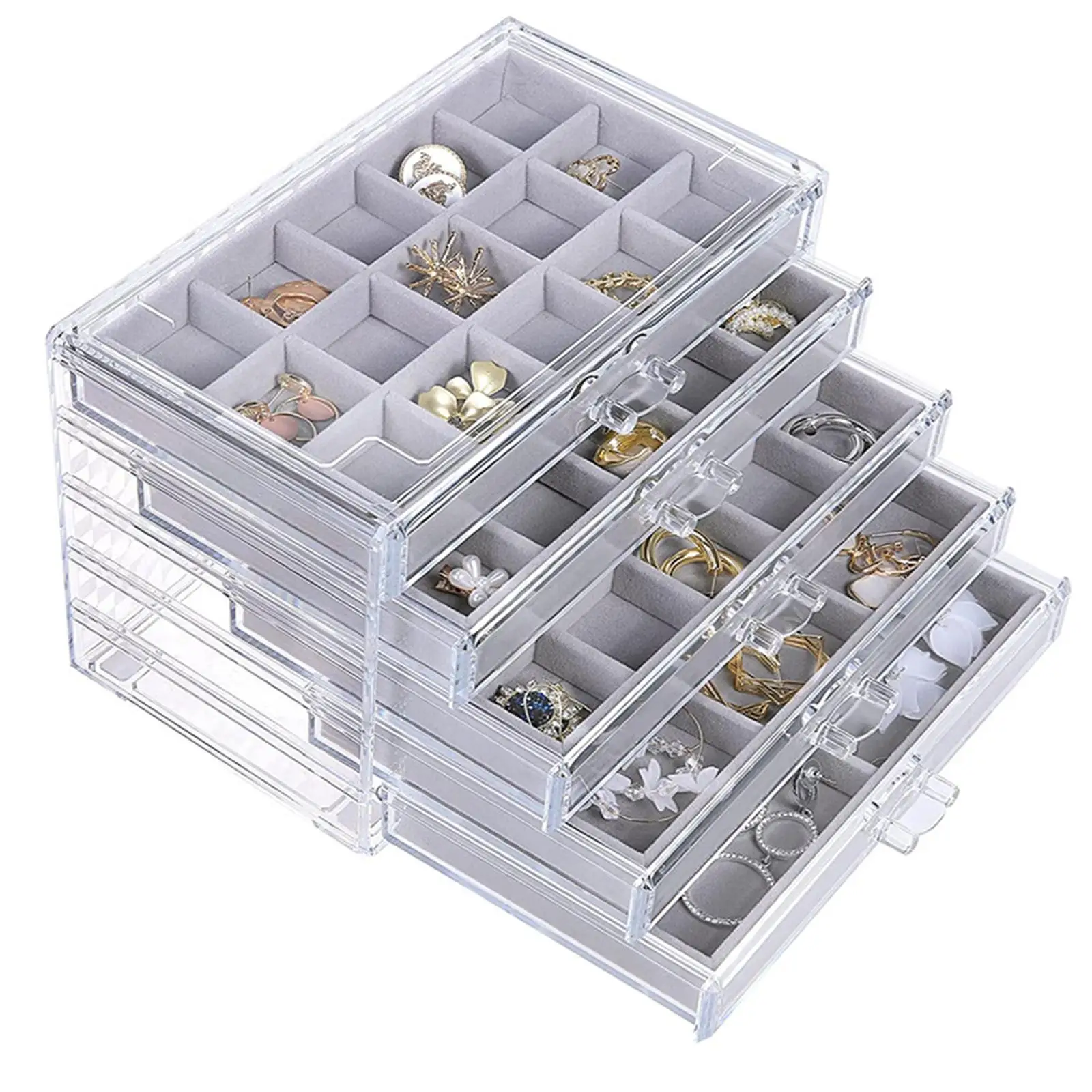 Acrylic Jewelry Box with 5 Drawers, Clear Earring Storage Organizer Display Case for Women Girls,75 Grids