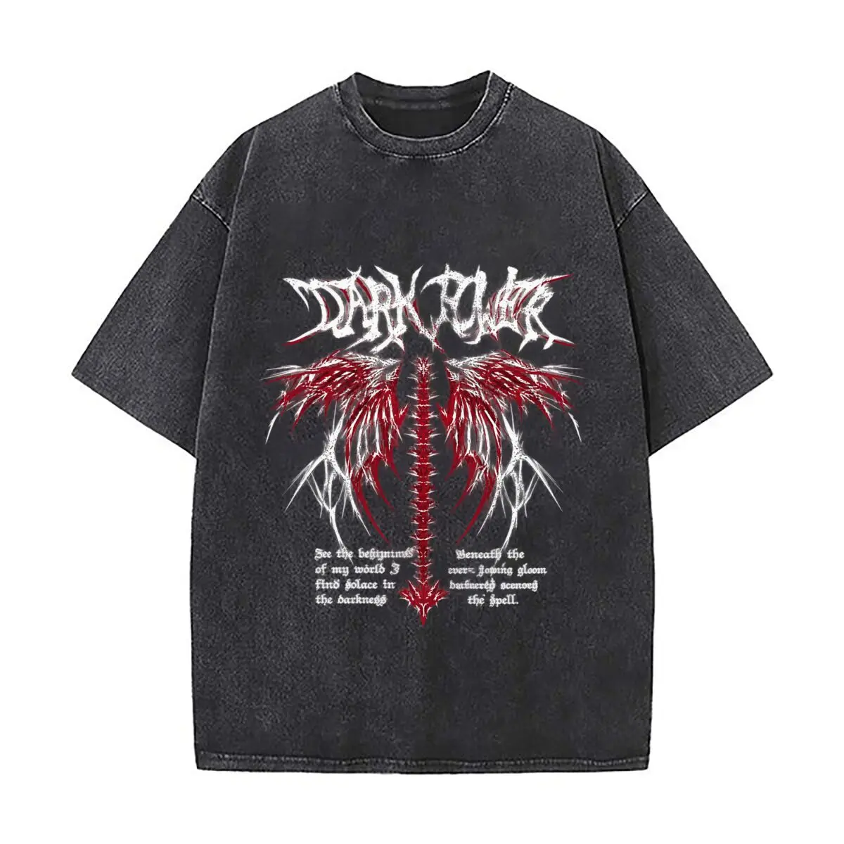 Gothic Red Angel Wings Spine Dark Fantasy Graphic Washed Short Sleeve Loose Streetwear Tee Hip Hop