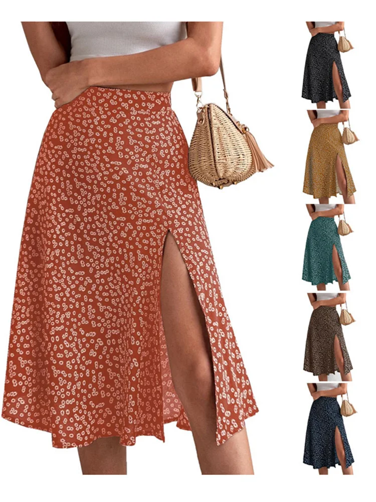 Midi Skirts for Woman High Waist Summer Floral Printed Side Split Elastic Polyester Fashion Vintage Boho A-line Female