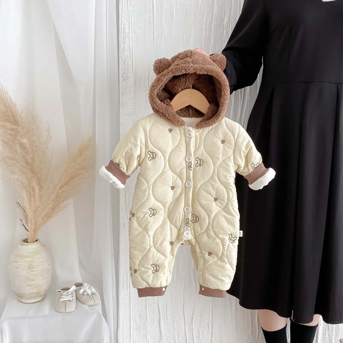 Korean Style Baby\'s Autumn and Winter Clothes fleece-lined Boys\' and Girls\' Bodywear Super Cute Bear Cartoon Thickened Warm Hood