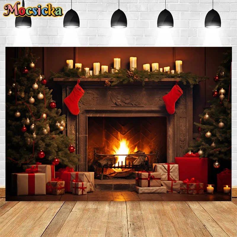 Photography Background Christmas Fireplace Campfire Xmas Tree Stock Decor Props Kids Family Photo Holiday Party Backdrop Banner