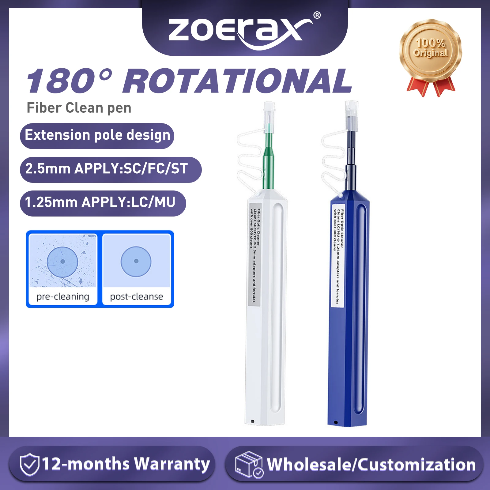 ZoeRax Optical Fiber Cleaner Pen for SC FC ST LC MU Connectors with 800 Cleanings for Efficient Fiber Maintenance
