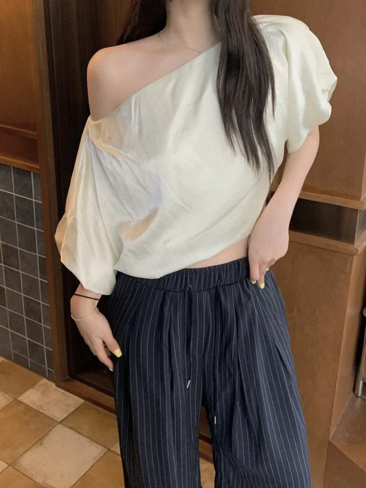 

Шикарный женский укороченный топ Bubble Sve irt, свободный утягивающий сексуальный укороченный топ с косым воротником, пышный топ для офисной одежды