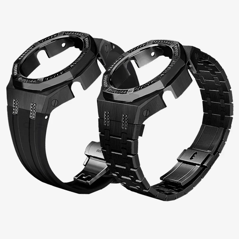 For Casio G-SHOCK Black Knight Watch GA-2100/GA-2110/GA-B2100 Modified Black Diamond Case Stainless Steel Strap Set Accessories
