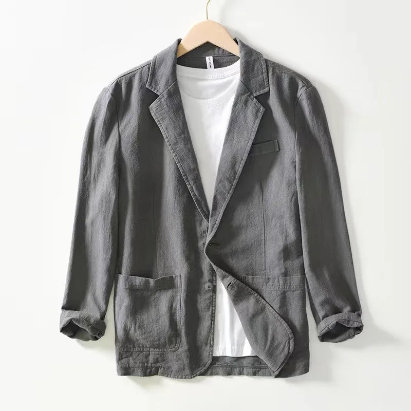 European American Men's Suits Business Casual Loose Fashion Solid Color Single-layer Cotton Linen Tops Jackets Versatile Tops