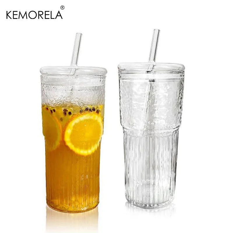 KEMORELA-taza de vidrio a rayas con tapa y pajita, vasos para zumo, agua y café helado, 650ML