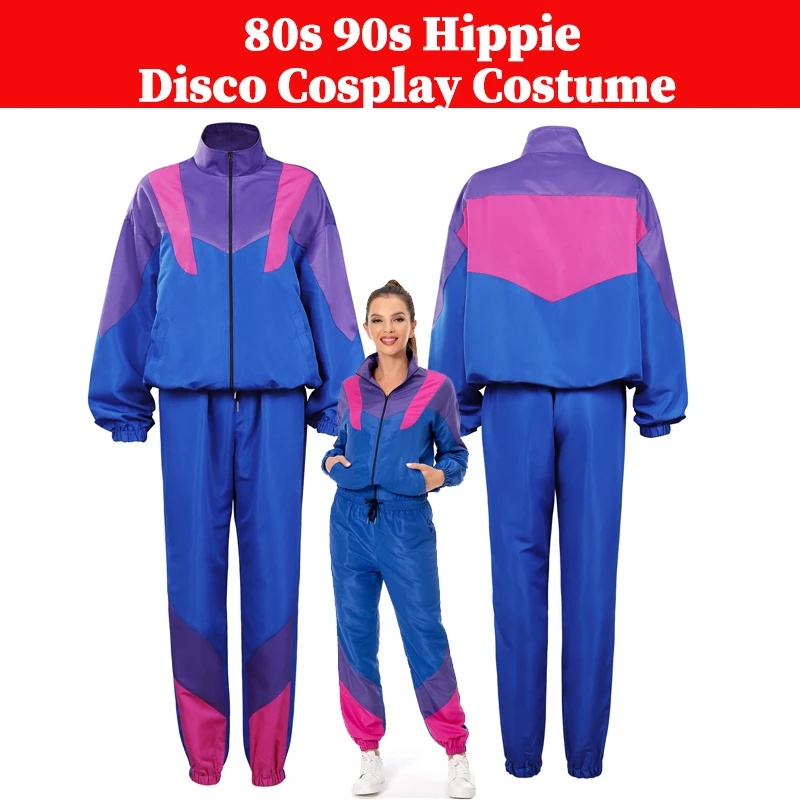 

Adult Women 80s 90s Hippie Disco Cosplay Sportwear Retro Costume Outfits Blue Tops Coat Pants Set Halloween Party Disguise Suits