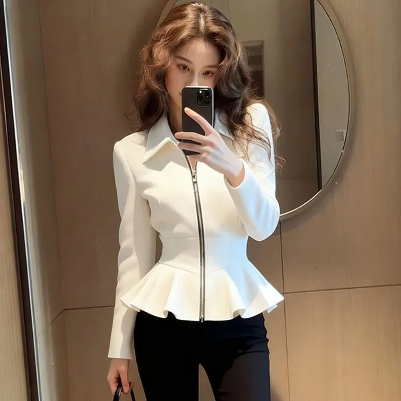 

New Luxury Fashion Zipper Women's Jacket Autumn Elegant Slim Waist Long Sleeve Solid Color Short Coat Office Lady