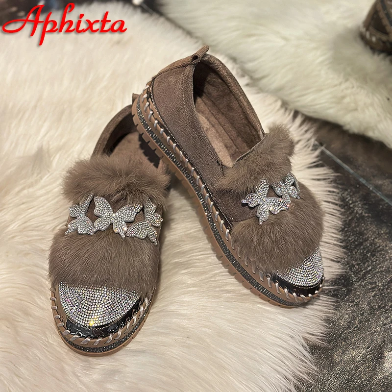 Aphixta Crystal Butterfly Women's Casual Shoes 3cm Flat Platform Loafers Short Furry Plush Warm Autumn Winter Flats Size 44