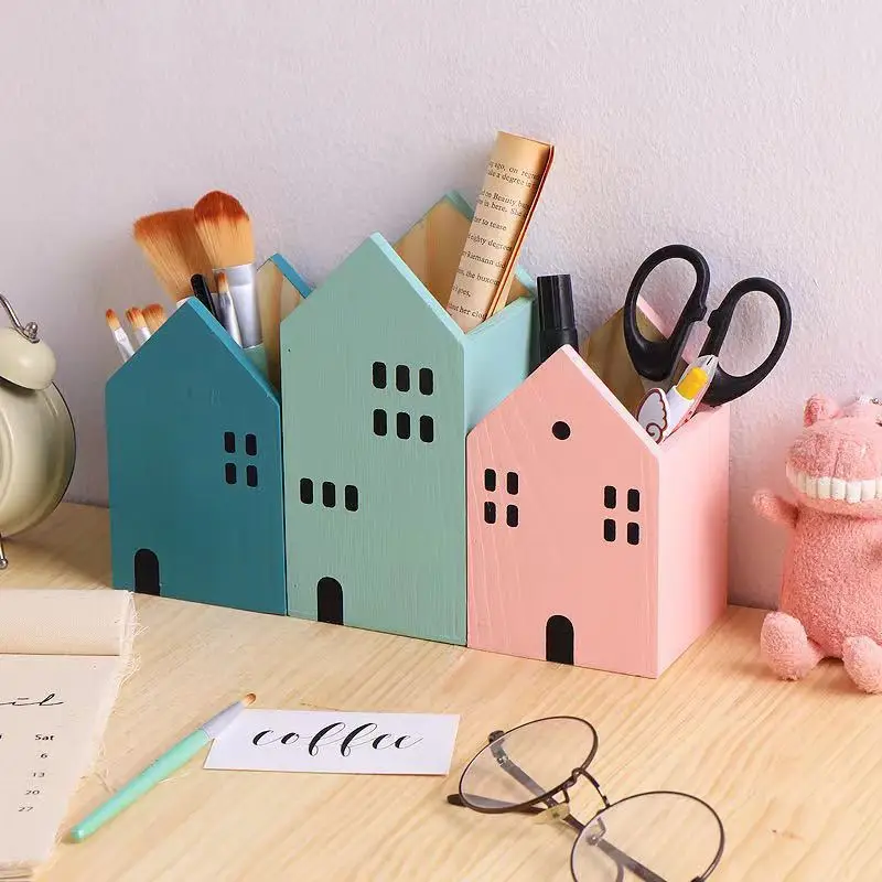 

Cartoon House Wooden Pen Holder Pencil Container Makeup Brush Stationery Storage Box Student/ Office Desktop Storage Organiser