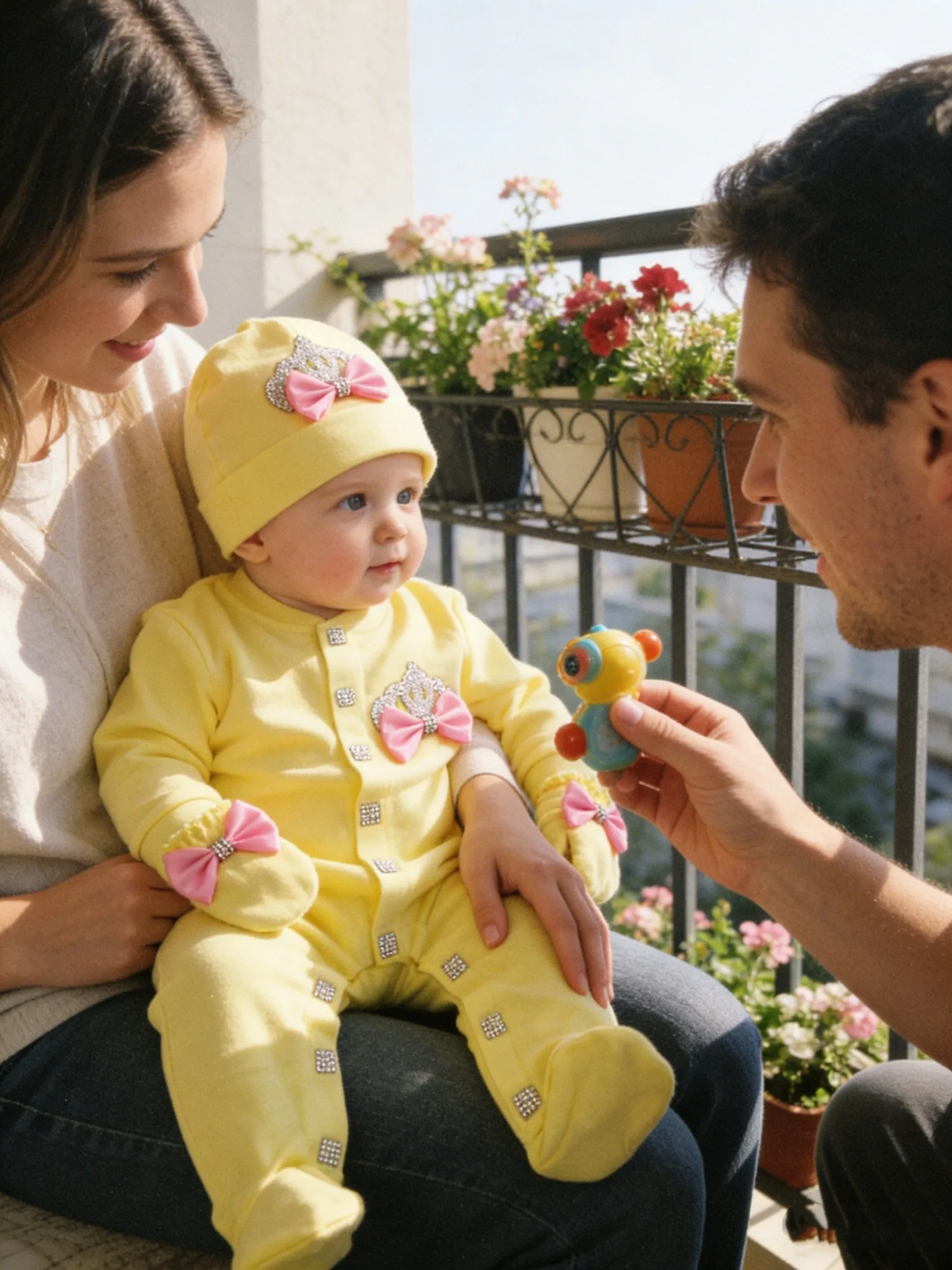 女の赤ちゃん用黄色の衣装セット-ロンパース、帽子、ミトン、靴、ピンクのリボンとラインストーンの装飾付き
