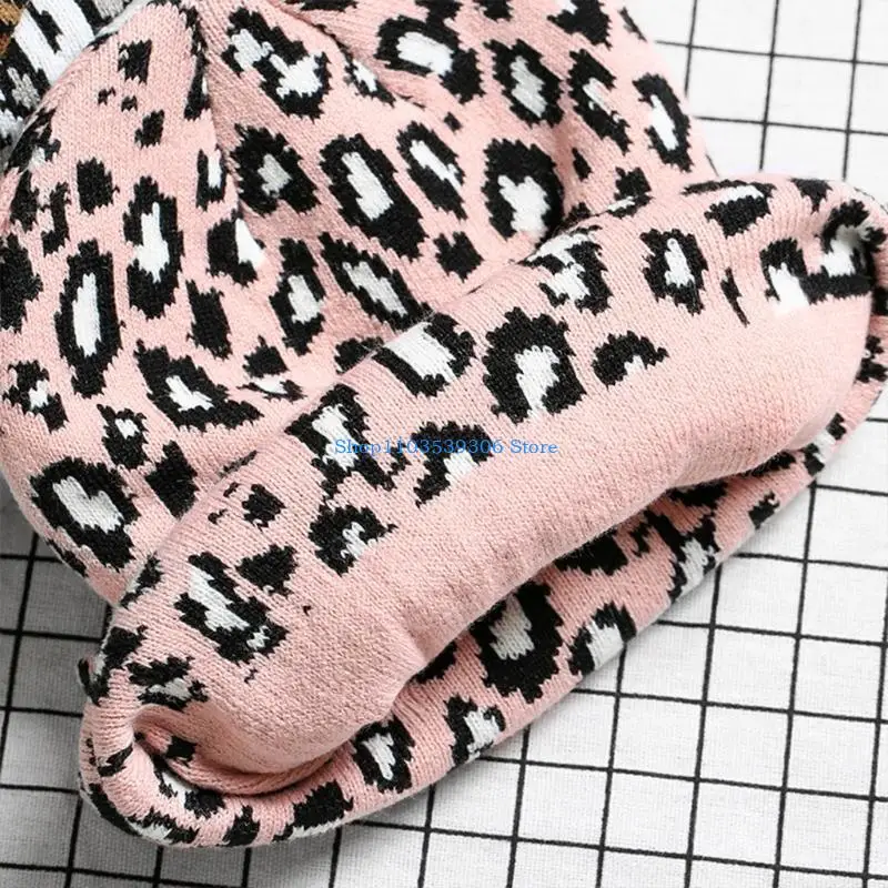 400A Trendy Leopard-print Beanie Hat Stretchable Woolen Hat Knitted Hat All-match Festival Party Photo Prop for Men Women
