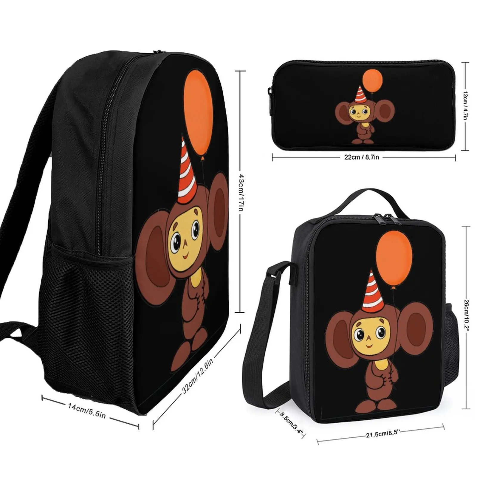 Cheburashkass Чубурашка Monkey Anime Russia 3 in 1 Set 17 Inch Backpack Lunch Bag Pen Bag  Lasting Blanket Roll Cosy  Travel Uni