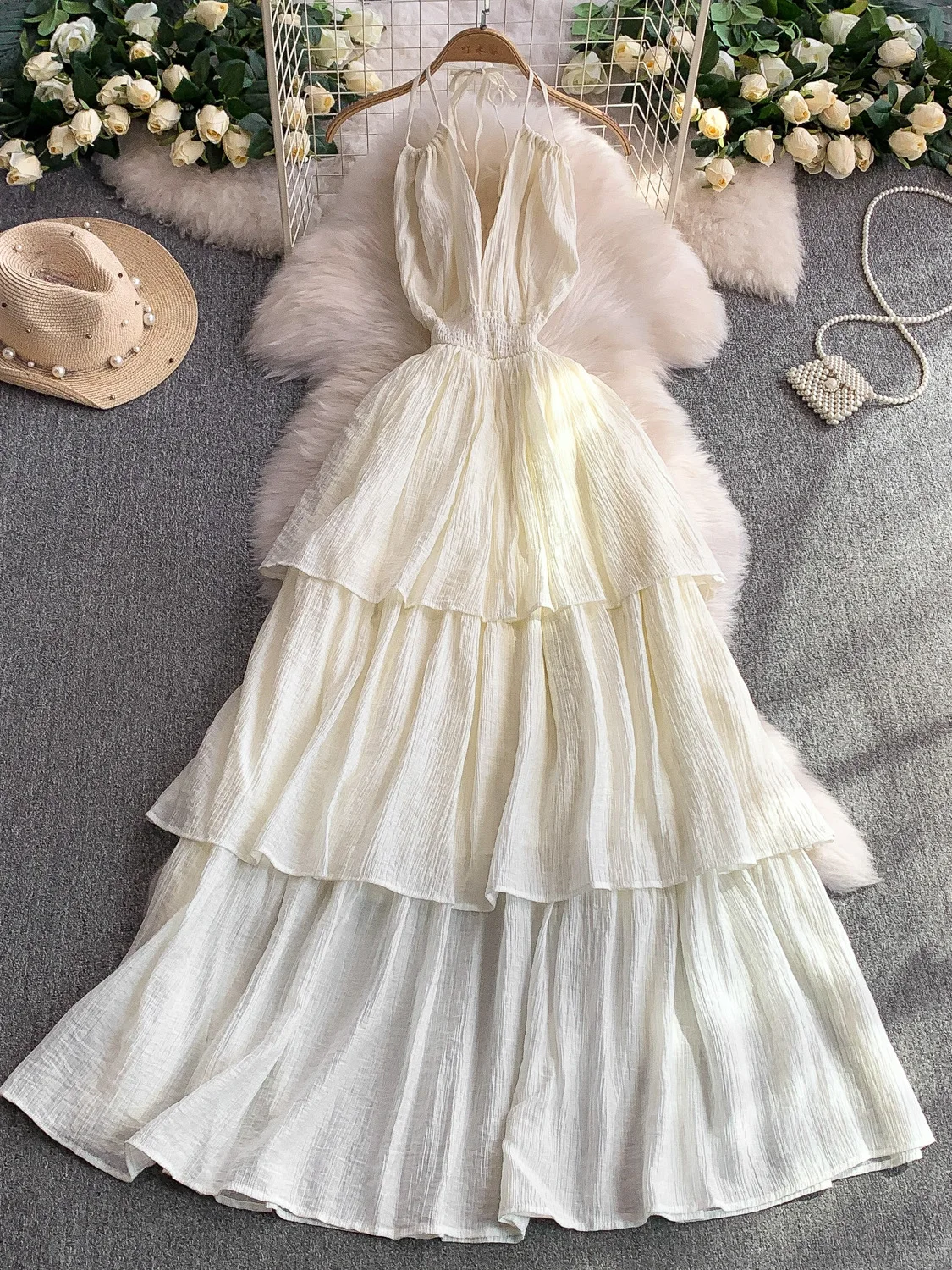 Verano Vaion Sle Sexy V-Ne Bal colgante Ne Dr falda larga de encaje en capas adelgazante con cintura elástica para mujer