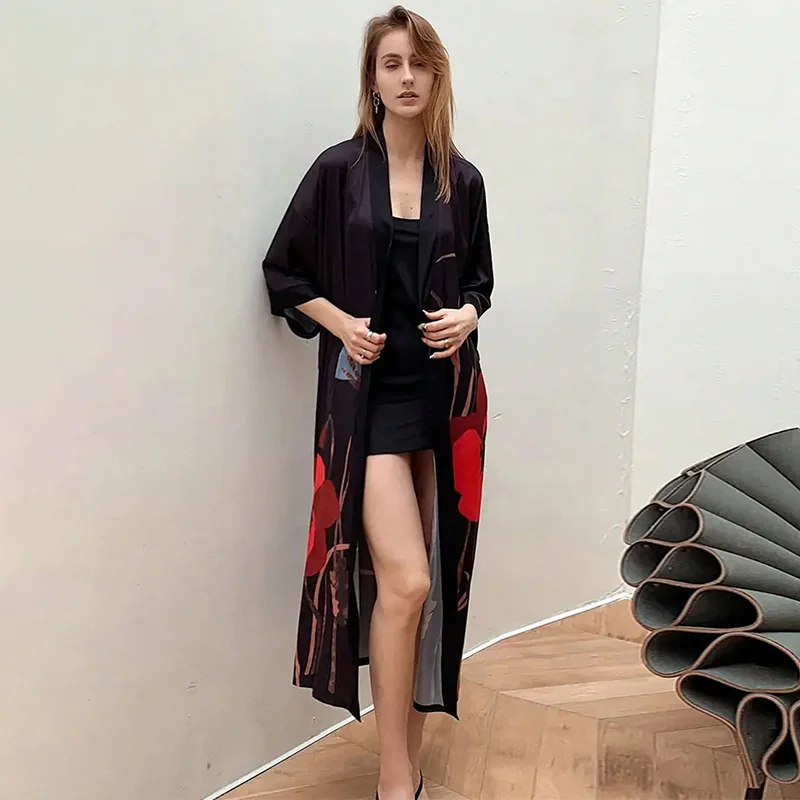 中国風レトロ新中式改良漢服ミドル丈ローブカーディガンフェザージャケット夏タイアップ浴衣ナイトガウンカバーアップ