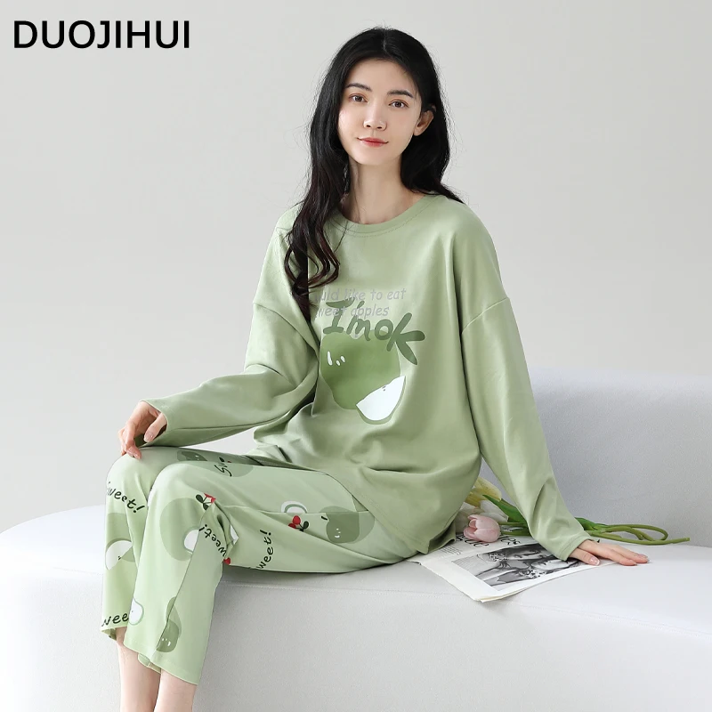 DUOJIHUI-Pijama informal con estampado para mujer, jersey básico de cuello redondo, pantalón sencillo holgado, Color puro, Color verde