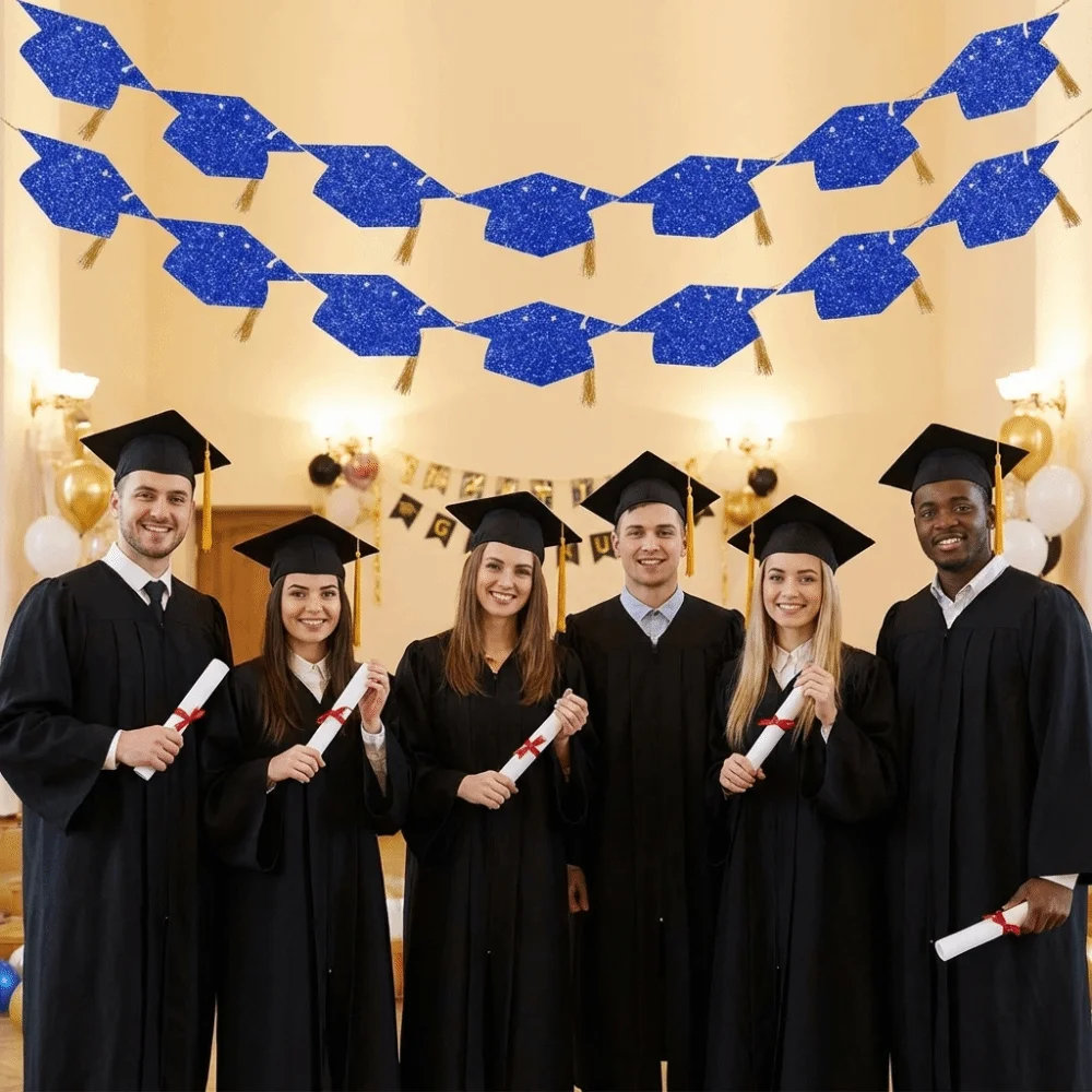 2Pcs Reusable Graduation Party Banner Shining with Tassels Bachelor Hat Banner Durable Glitter Decor Paper Pull Flag