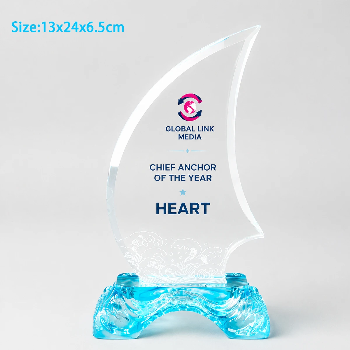 Crystal Glass Sailboat Trophy w/t Blue Wave Base Smooth Sailing Award Free Engraving
