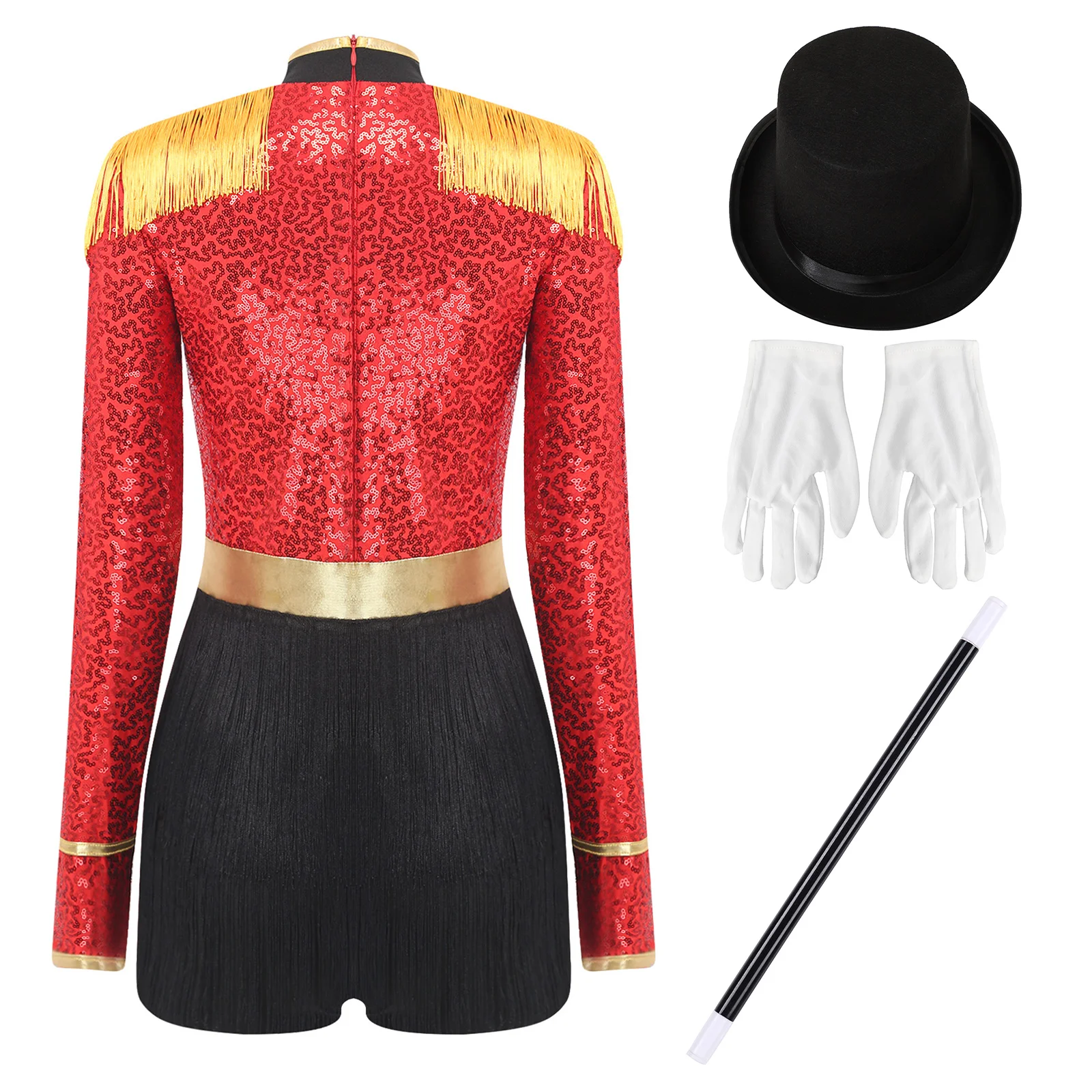 بدلة نسائية ساحرة السيرك Ringmaster Majorette التأثيرية فستان شرابة متدرج هامش مع قفازات وقبعة وعصا #4
