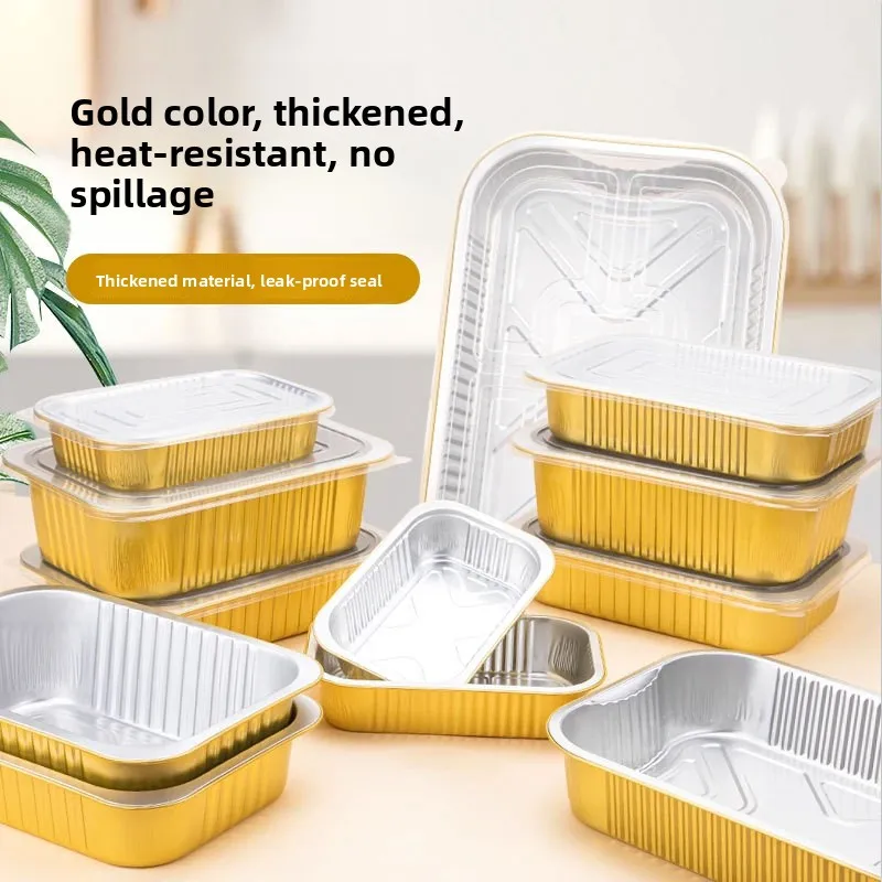 Thickened Gold Rectangular Aluminum Foil Box Takeaway Packaging Box with Soup Sealed Insulation Tin Paper Box for Delivery
