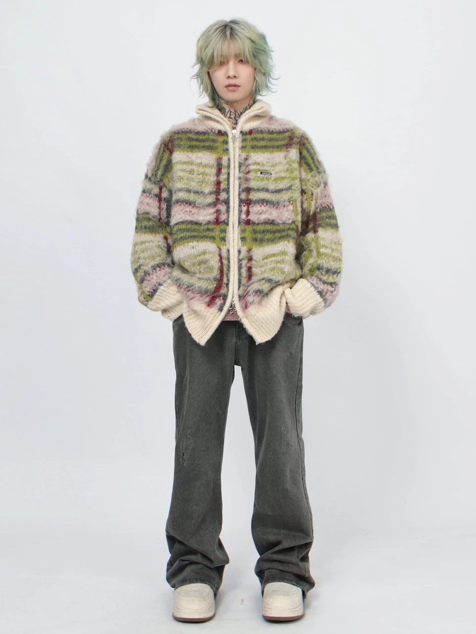 Autumn Winter American Retro Striped Stand Collar Zipper Cardigan Sweater Purple Blue Green Apricot Loose Casual Daily Sweater