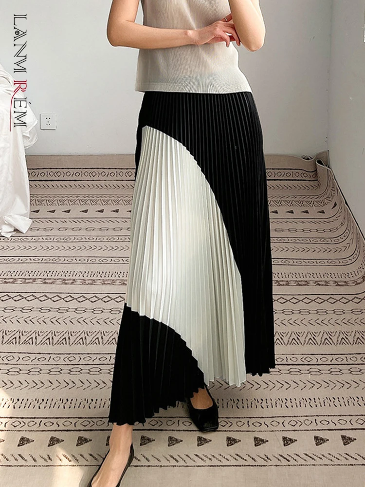 LANMREM Pleated Loose Skirts For Womem Color Block High Elastic Waist Irregular Elegant Skirt Female Elegant Clothing 2D1573