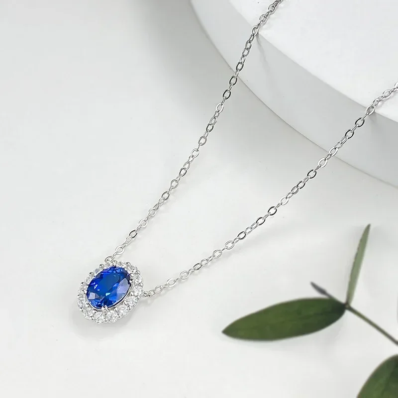 Desire 2024 New Product S925 Silver Necklace European and American Style Blue Jadeite Elliptical 6 * 9 Geometric 925 Pendant