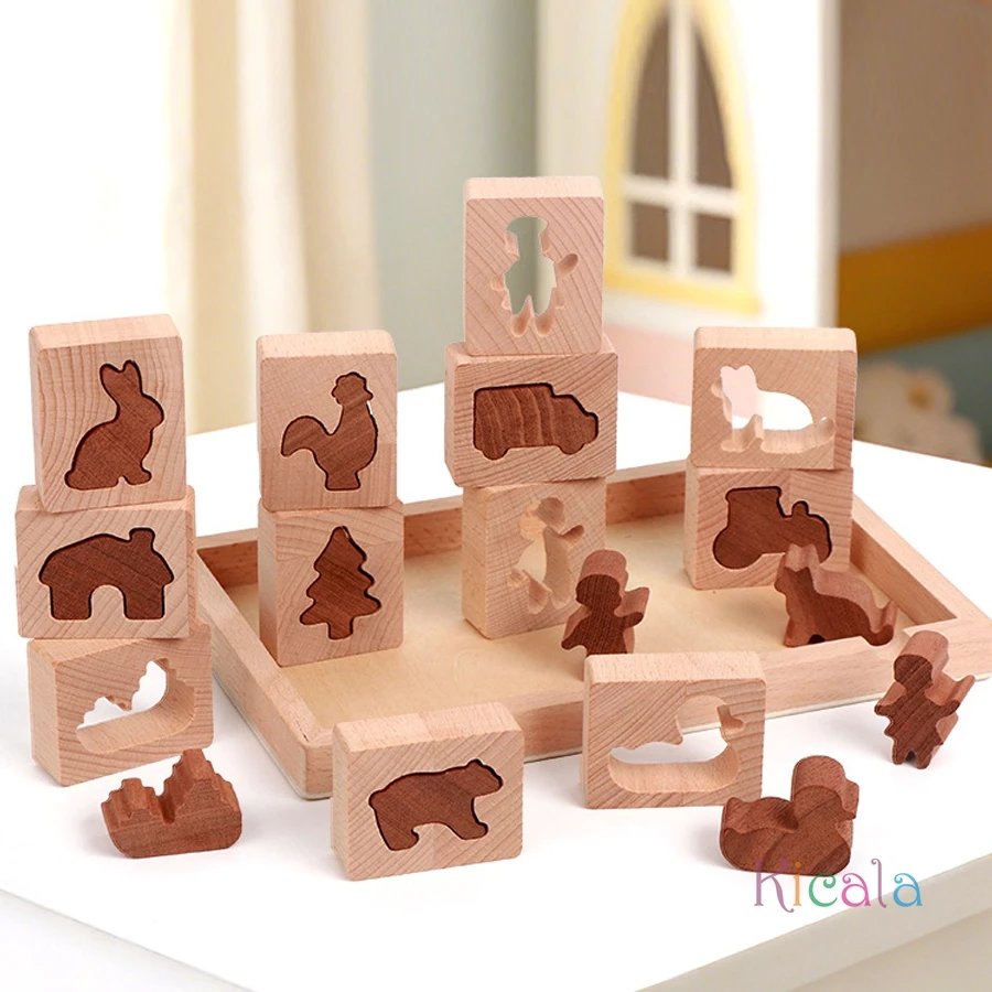 

Children Wooden Animal Shape Matching Blocks Montessori Stacking Sorter Toy for Toddlers Preschool Early Educational Puzzle