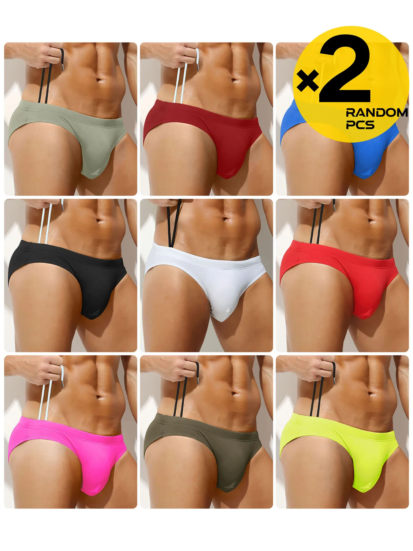 Men Low Rise Swim Briefs Quick Dry Bikini Swimwear 2Pcs Random Color U Pouch Drawstring Bathing Suit Breathable Water Sports Bea