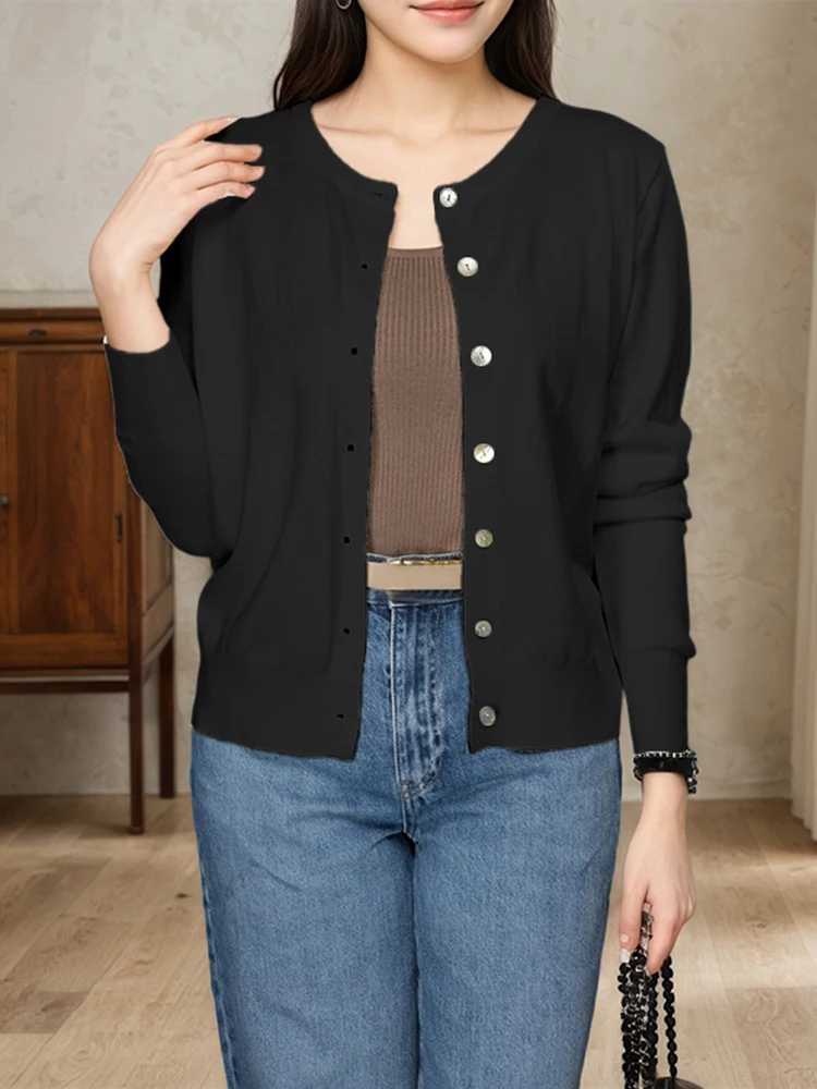 

VONDA 2025 Autumn Cardigan Women Knitted Outwear Casual Loose O Neck Sweaters Solid Color Elegant Long Sleeve Thin Jumpers