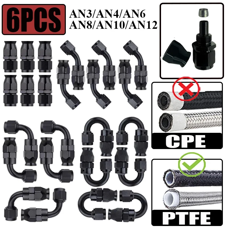 6X 3AN 4AN 6AN 8AN 10AN 12AN Prosto 0 45 90 180 stopni Adapter końcówek węża do PTFE E85 Olej Paliwo Gaz Czarny