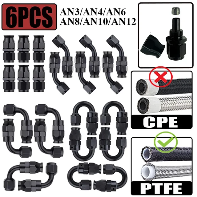 6X 3AN 4AN 6AN 8AN 10AN 12AN Prosto 0 45 90 180 stopni Adapter końcówek węża do PTFE E85 Olej Paliwo Gaz Czarny