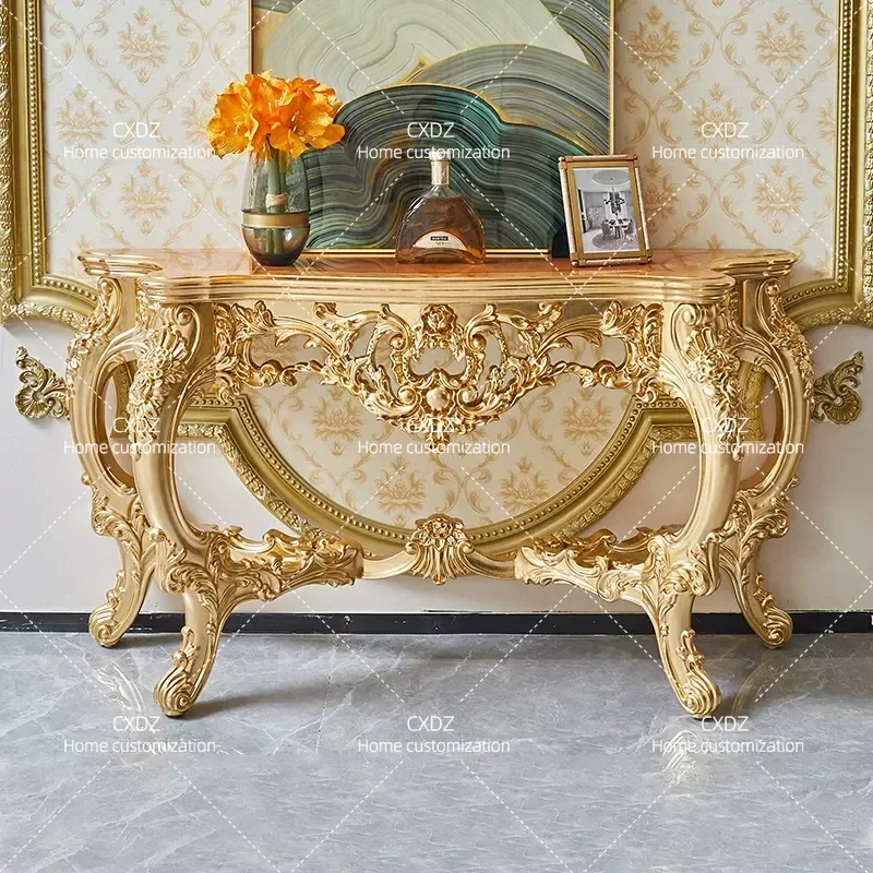 Carved European-style entrance table, luxury living room corridor, retro entrance decoration, case table against the wall,