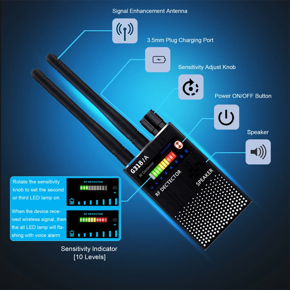 Meslek RF sinyal dedektörü Anti-Spy dokunarak Anti dinlemelerini Pinhole ses Bug GSM cihazları bulucu Anti casus araçlar algılar