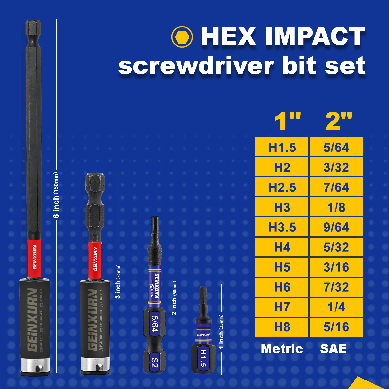 GEINXURN 1 In./2 In. Mixed Hex Head (Metric&SAE) Power Bits Set, S2 Steel Hex Screwdriver Bit set with Extension Bit Holder