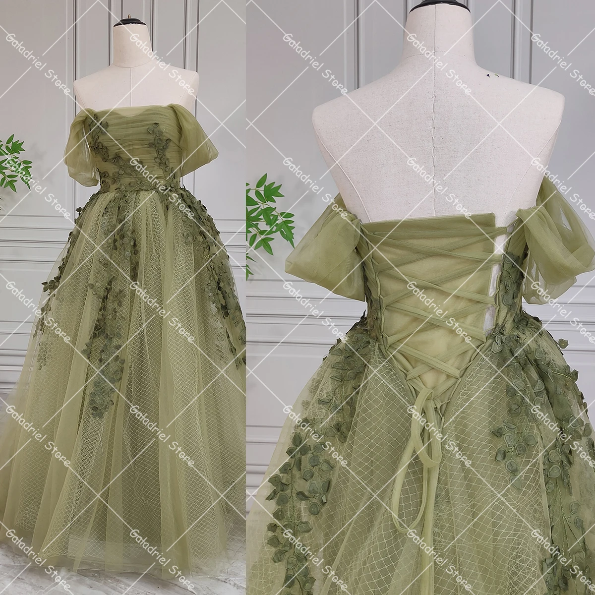 Vine Lace Off Shoulder Olive Green Evening Dresses Maxi Long Soft Tulle A Line Corset Closure Customized Prom Gowns with Boning