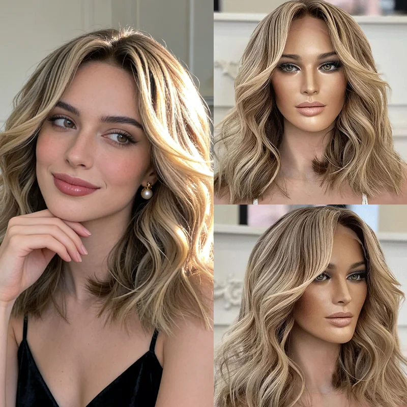 Synthetische Lace-Front-Perücken, braun-blonde Perücke für Frauen, kurze gewellte Spitzenperücke, synthetische hitzebeständige Perücke, Cosplay, ohne Kleber