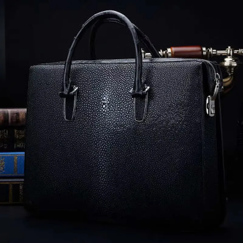 ourui men  new selling Pearl fish skin male men briefcase black Genuine leather men handbag