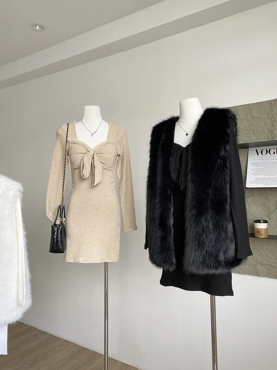 

2025 Autumn New Style Women's Fashion Vest Dress Pure Color Square Collar Artificial Mink Vest Versatile Commute Style Set