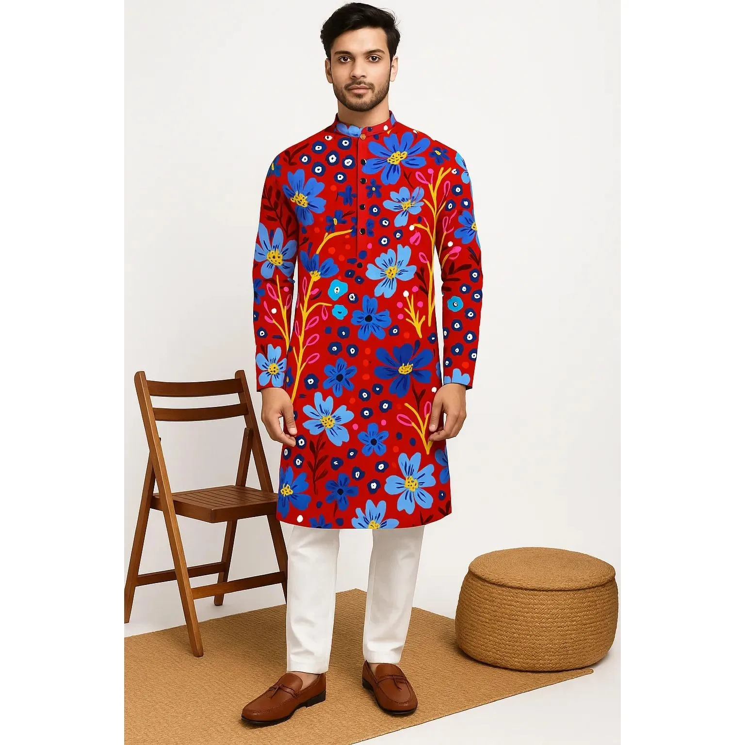 قمصان رجالية مسلم بسيطة قميص غير رسمي الطباعة العرقية 2025 نمط قميص طويل الأكمام الوقوف طوق البرق بلوزة رقيقة #3