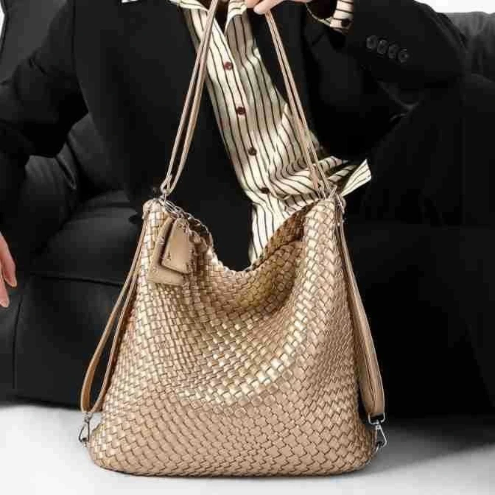 

Women's Handmade Woven Tote Bag, Fashion 3-in-1 Convertible Backpack, Large Capacity Commute Shoulder Bag